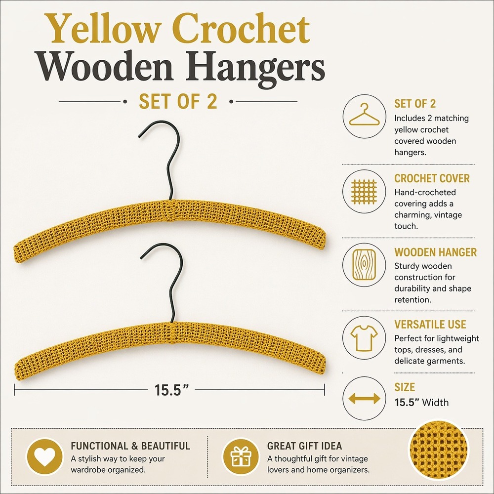 Vintage Mustard Yellow Crochet Covered Clothes Hangers Set of 2 Retro Handmade - Picture 1 of 9